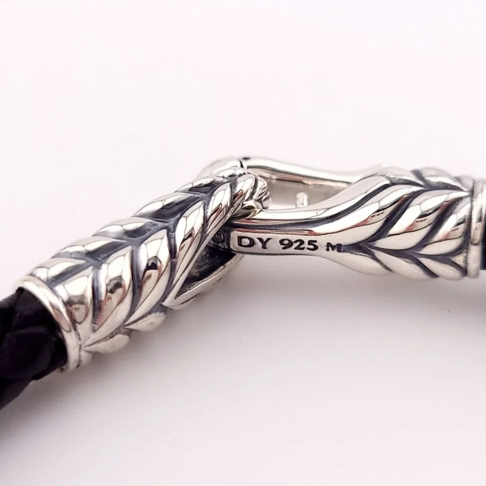DAVID YURMAN Sterling Silver 925 Black Leather Chevron Woven Bracelet 8